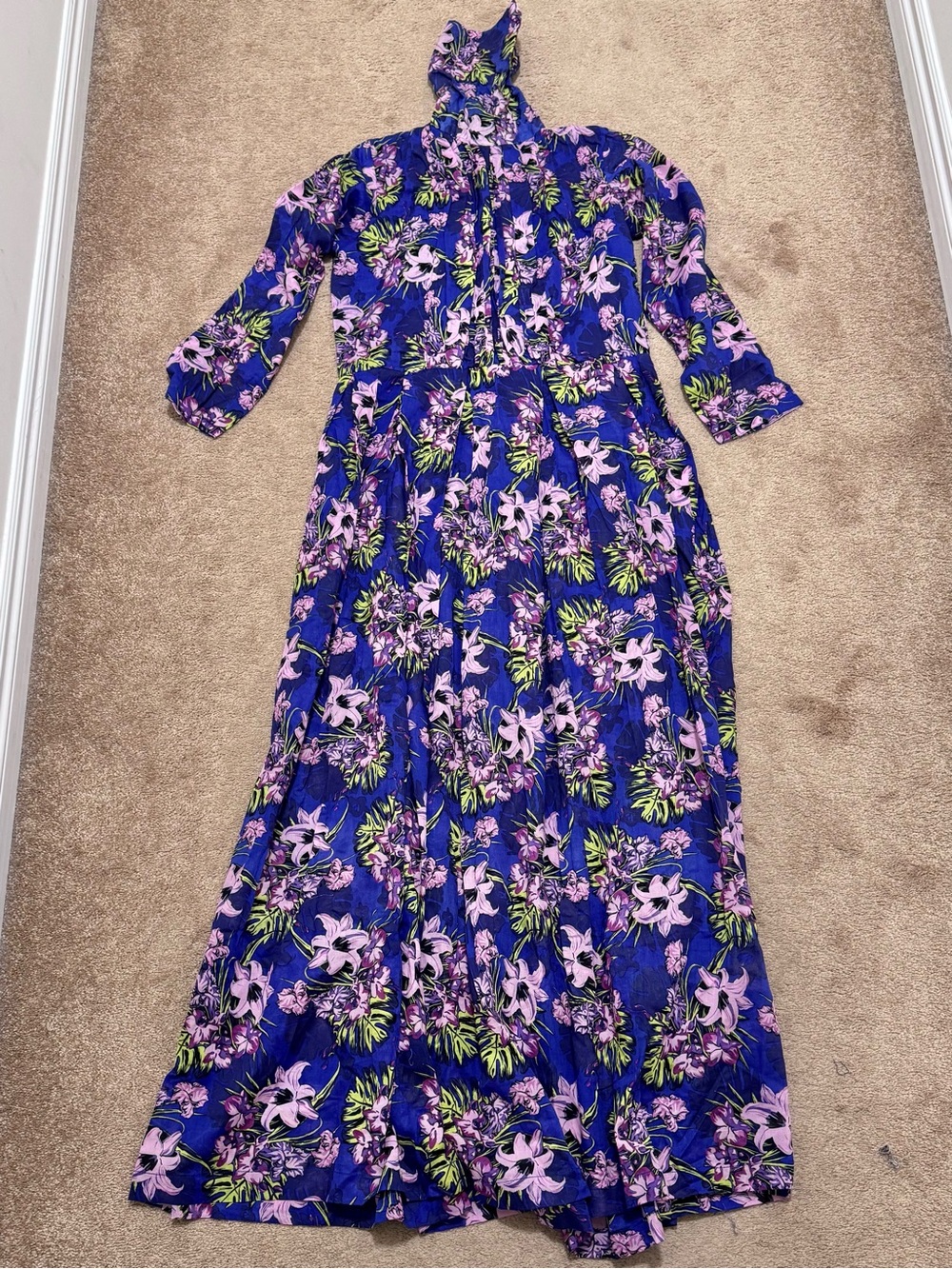 Floral Maxi Dress with High Turtle Neck & Long Sleeves Purple/Pink